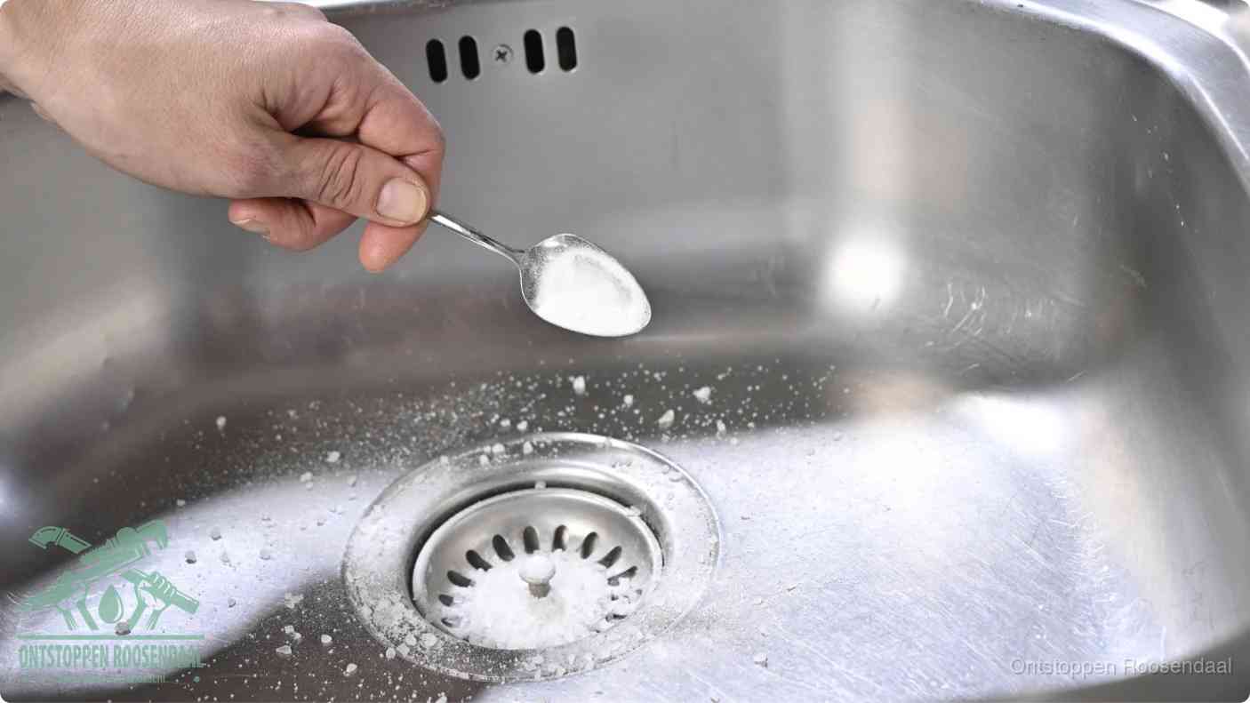 Een hand strooit met een lepel soda in de afvoer van een roestvrijstalen spoelbak, de soda en azijn huismiddel-methode om de afvoer te ontstoppen in Roosendaal