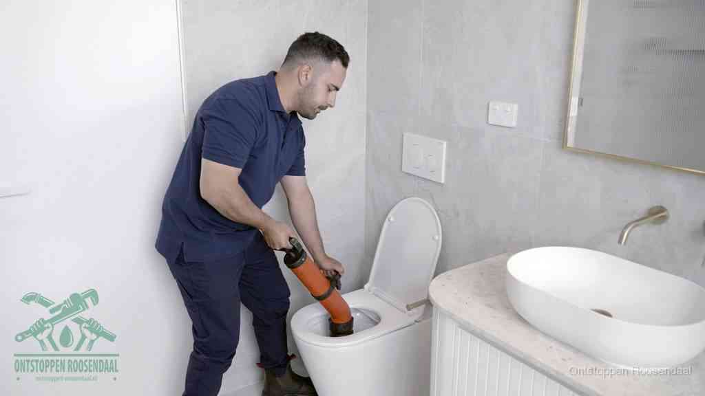 Een man gebruikt een handmatige luchtdruk-ontstopper in een modern betegeld toilet om zelf de wc te ontstoppen in Roosendaal